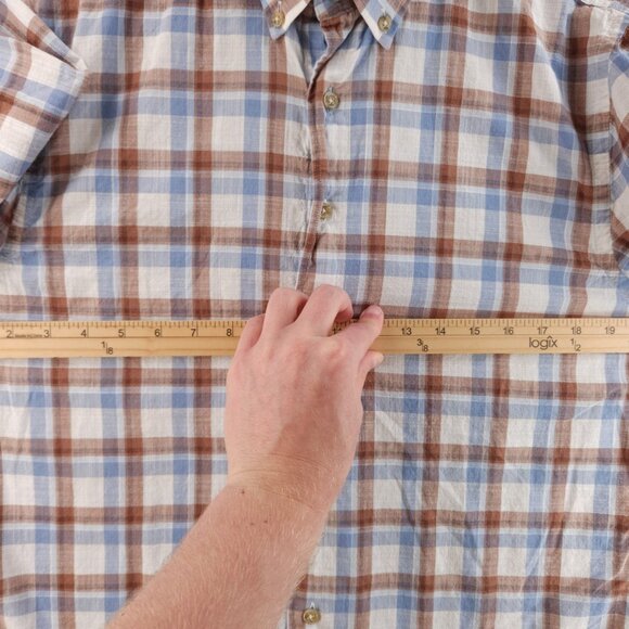 Johnnie-o Plaid Blue Brown Button Up Shirt Medium Lightweight Short Sleeve - Picture 5 of 13